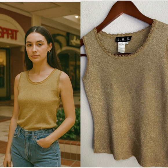 Vintage 90s Gold Sleeveless Knit Top Crochet Scallop Neckline Womens Medium - Picture 1 of 11